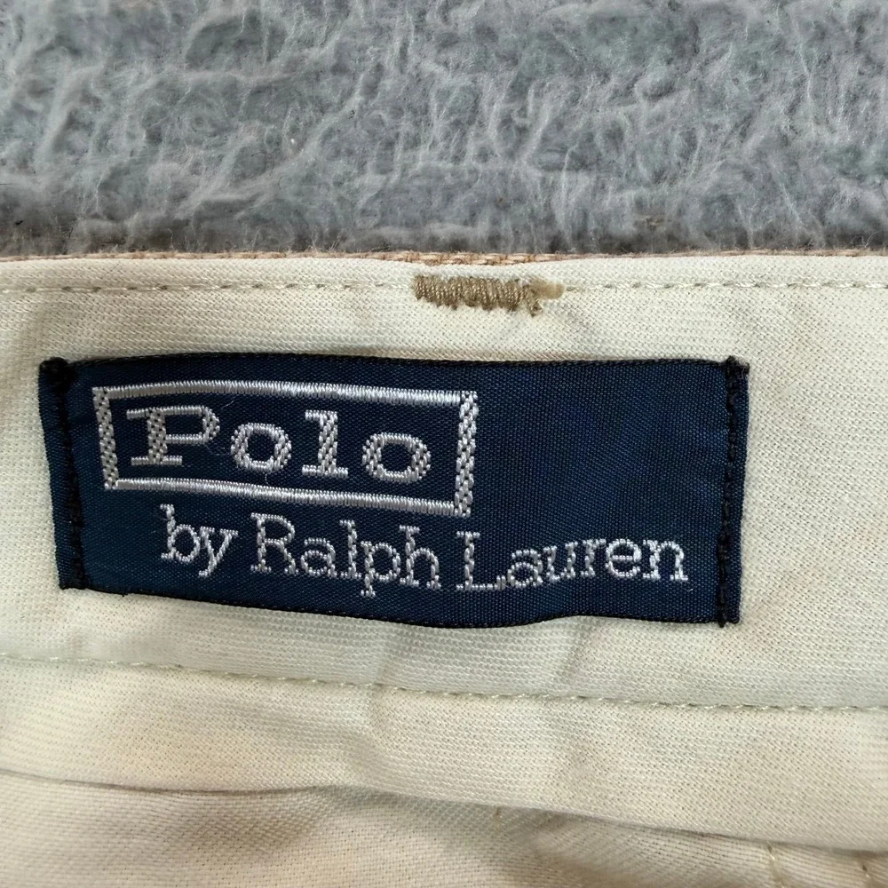 Vintage Polo Ralph Lauren Mens 35x32 Tan Herringbone Linen Cotton Pleated Cuffed
